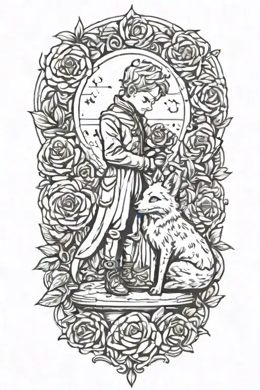 the little prince hugs the fox, the rose stands next to them under the bell tattoo design idea