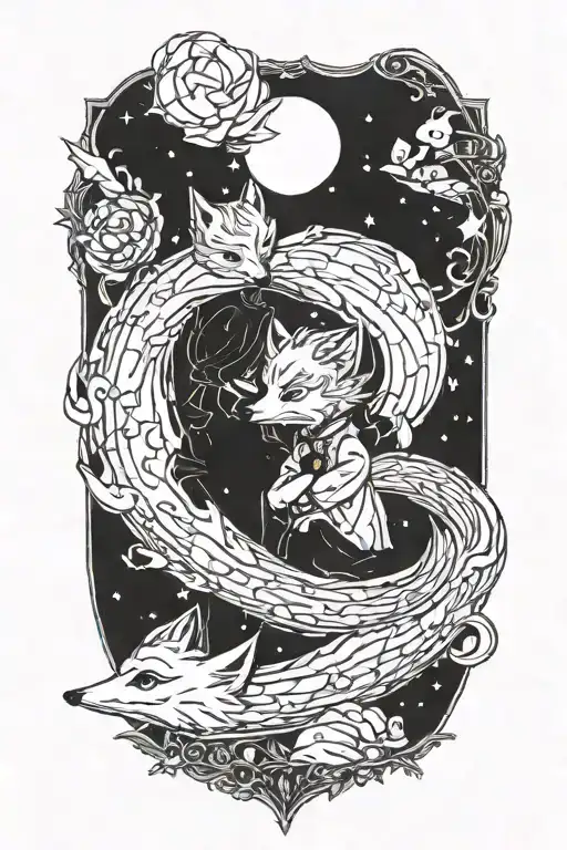 the little prince hugs the fox, both sit next to each other on the prince's planet and look into the night sky tattoo design idea