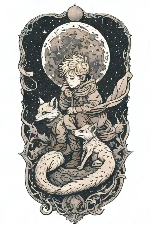 the little prince hugs the fox, both sit next to each other on the prince's planet and look into the night sky tattoo design idea