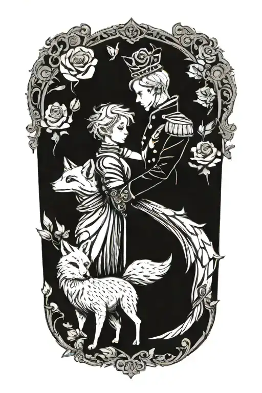 the little prince hugs the fox, the rose stands next to them under the bell tattoo design idea