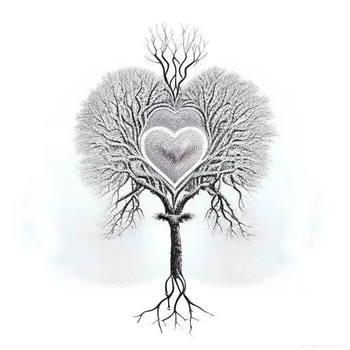 family tree with the roots forming a realistic heart tattoo design idea