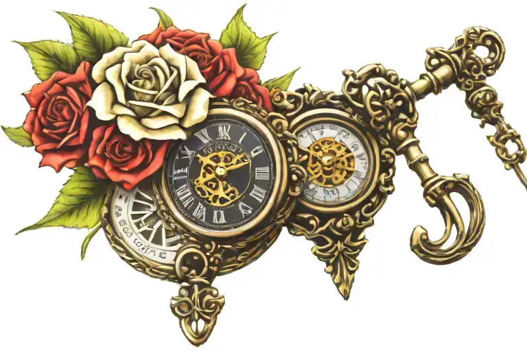 gothic Alice in wonderland skeleton key roses pocket watch  tattoo design idea