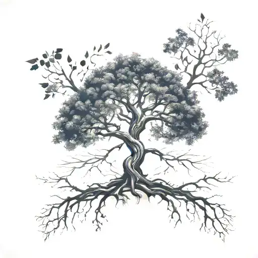 A black-grey tattoo of a majestic tree with roots spreading out like veins, symbolizing the connection between nursing and nature tattoo design idea