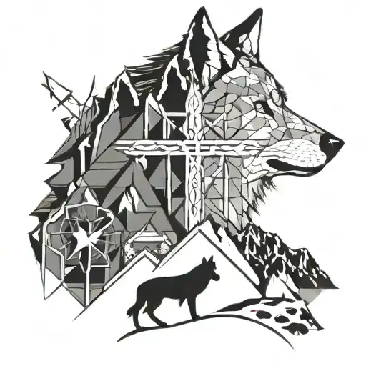 geometric Wolf head with a cross and watch set in mountains with man walking leaving a set of wolf footprints  tattoo design idea