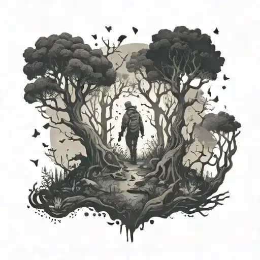 A mystical forest scene with a guide leading a group of lost souls through the darkness tattoo design idea