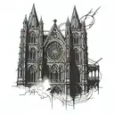 A cyberpunk-inspired gothic cathedral with intricate stained glass windows and neon accents tattoo design idea