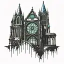 A cyberpunk-inspired gothic cathedral with intricate stained glass windows and neon accents tattoo design idea