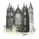 A cyberpunk-inspired gothic cathedral with intricate stained glass windows and neon accents tattoo design idea