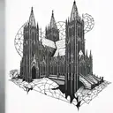 A cyberpunk-inspired gothic cathedral with intricate stained glass windows and neon accents tattoo design idea