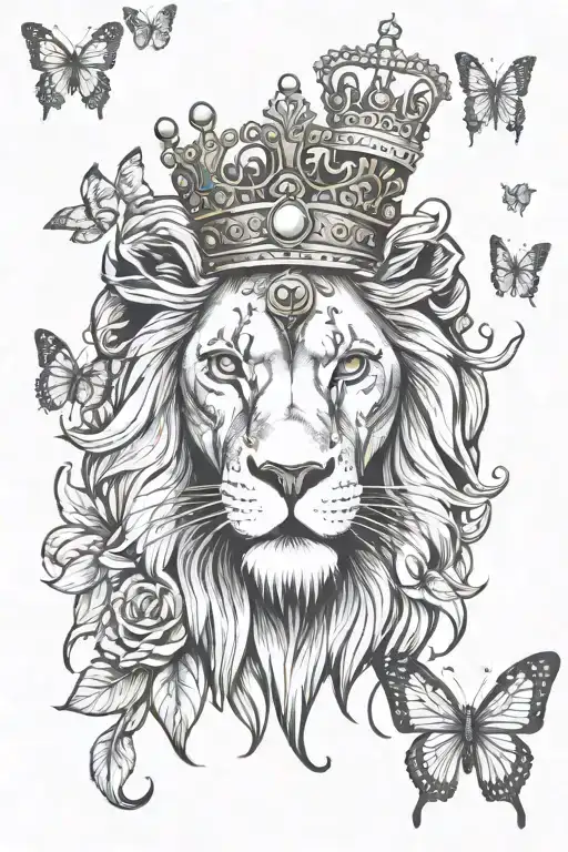 lion with crown and butterflies tattoo design idea