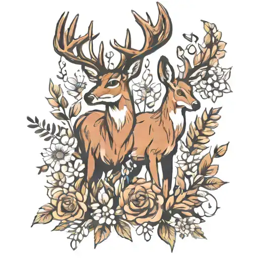 buck and doe flowers tattoo design idea