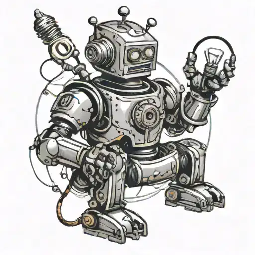 robot sitting down holding lightbulb tattoo design idea