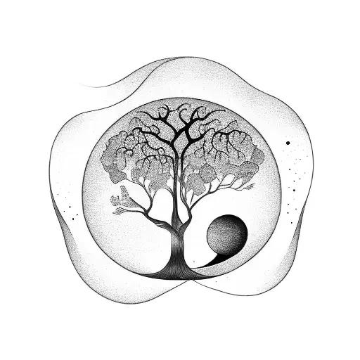 girl,half moon, tree of life, inner journey tattoo design idea