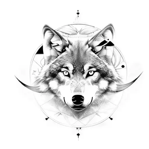 A black and grey tattoo of a wolf surrounded by celestial elements tattoo design idea