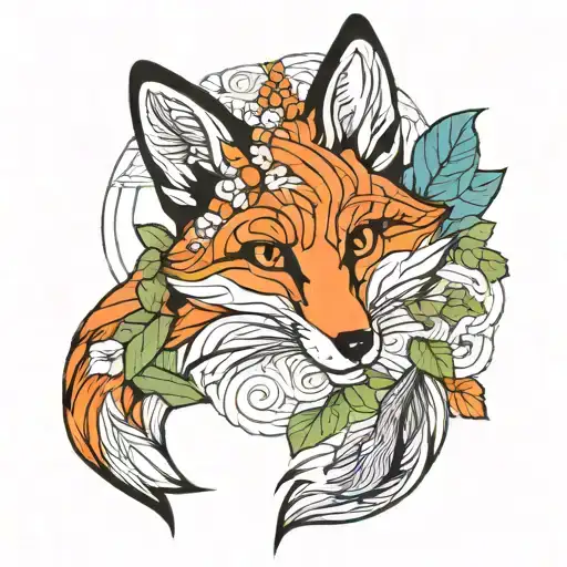 sly red fox in geometric leaves intertwined tattoo design idea