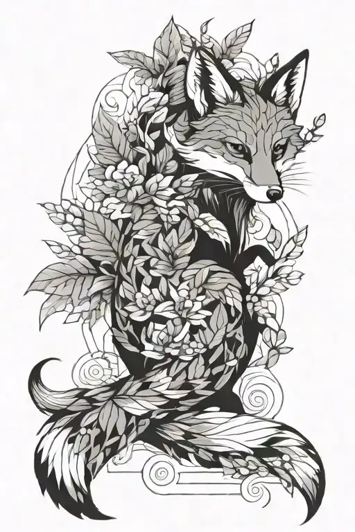 sly red fox in geometric leaves intertwined tattoo design idea
