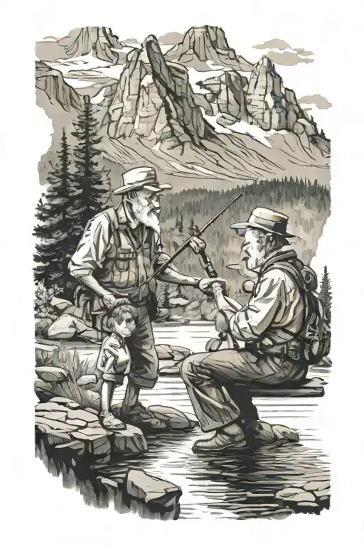 grandpa and grandson fishing with mountains in background  tattoo design idea