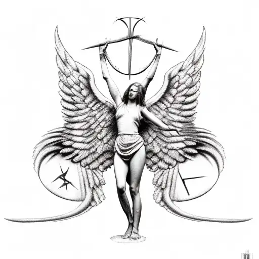 angel with arms spread with barb wire around legs with the word stoic in runes tattoo design idea