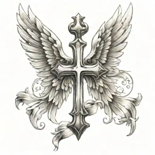 christian cross with angel wings tattoo design idea