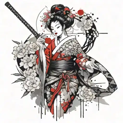 geisha with samurai sword sheathed one unsheathed tattoo design idea