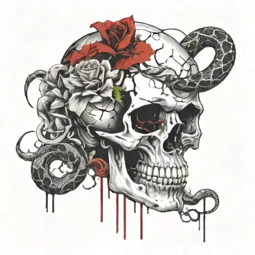 skull with snake slithering and a flower blooming tattoo design idea