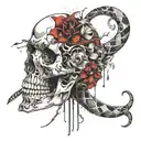 skull with snake slithering and a flower blooming tattoo design idea