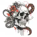 skull with snake slithering and a flower blooming tattoo design idea