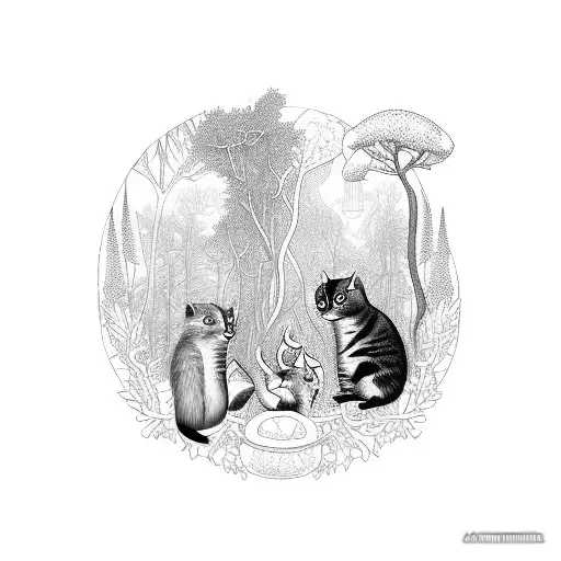 A mystical forest scene with cats and meerkats playing together tattoo design idea