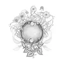 A guitar and drum set intertwined with vines and flowers tattoo design idea