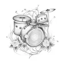 A guitar and drum set intertwined with vines and flowers tattoo design idea