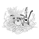 A guitar and drum set intertwined with vines and flowers tattoo design idea