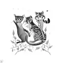 A mystical forest scene with cats and meerkats playing together tattoo design idea