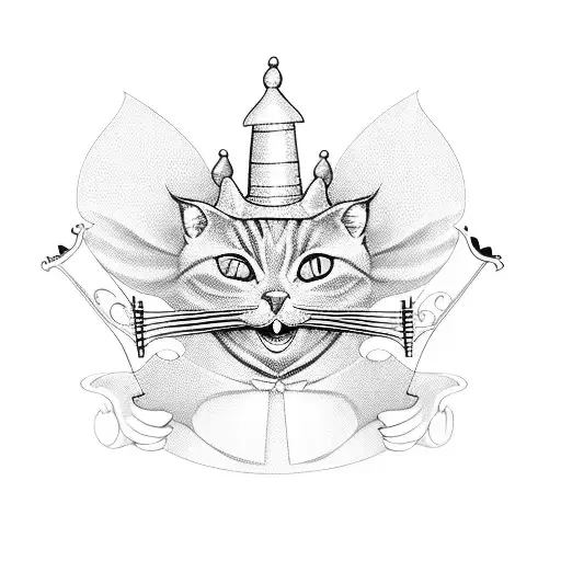 A blackwork tattoo of a mischievous grey cat dressed as a pierrot, playing a violin tattoo design idea