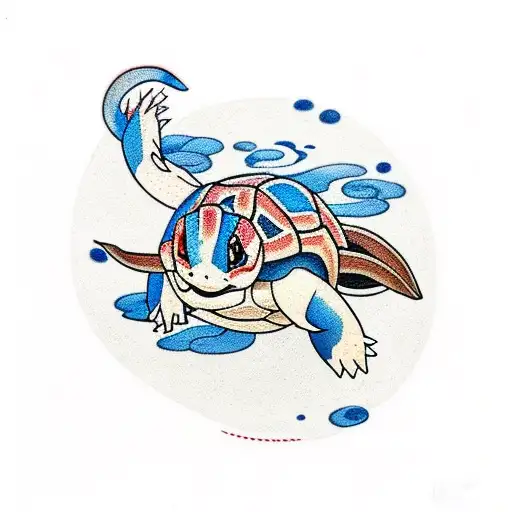 squirtle dans un champs de coquelicots tattoo design idea