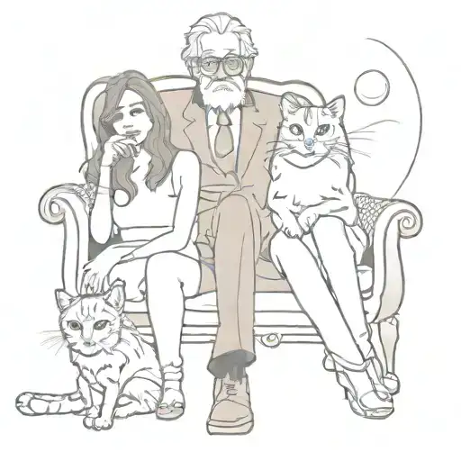 Old man with long hair in godfather chair, 3 cute feral female cats, accompanied by 26-year woman from India tattoo design idea