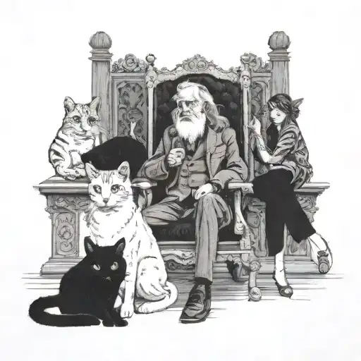 Old man with long hair in godfather chair with 3 feral female cats, and one indian human woman tattoo design idea