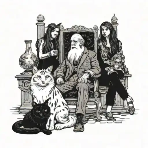 Old man with long hair in godfather chair with 3 feral female cats, and one indian woman tattoo design idea