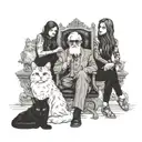 Old man with long hair in godfather chair with 3 feral female cats, and one indian human woman tattoo design idea