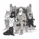 Old man with long hair in godfather chair with 3 feral female cats, and one indian human woman tattoo design idea