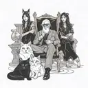 Old man with long hair in godfather chair with 3 feral female cats, and one indian human woman tattoo design idea