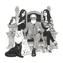 Old man with long hair in godfather chair with 3 feral female cats, and one indian human woman tattoo design idea