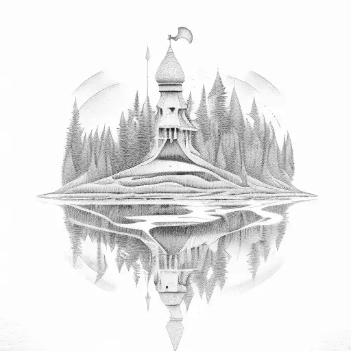 A serene landscape with a hidden hourglass tucked within the trees tattoo design idea