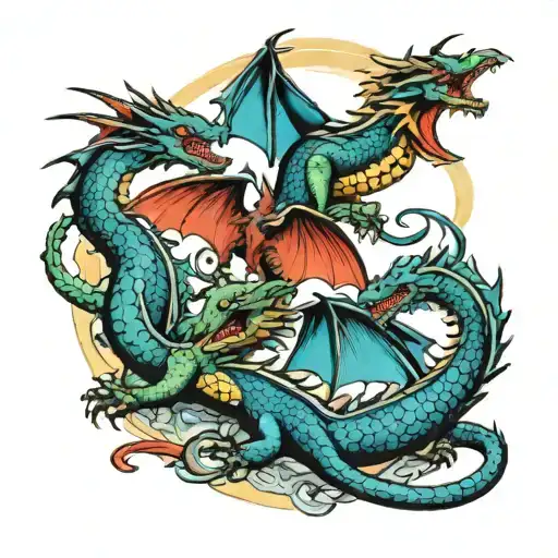 family of dragons flying tattoo design idea
