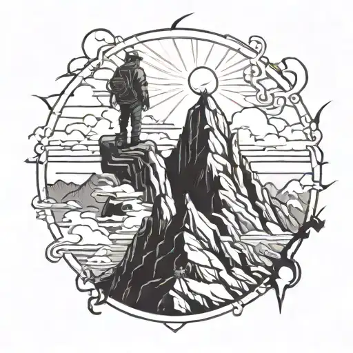 An adventurous explorer standing on top of a mountain peak, gazing at a sky filled with Christian symbols tattoo design idea