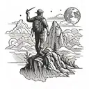 An adventurous explorer standing on top of a mountain peak, gazing at a sky filled with Christian symbols tattoo design idea