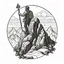 An adventurous explorer standing on top of a mountain peak, gazing at a sky filled with Christian symbols tattoo design idea