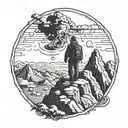 An adventurous explorer standing on top of a mountain peak, gazing at a sky filled with Christian symbols tattoo design idea