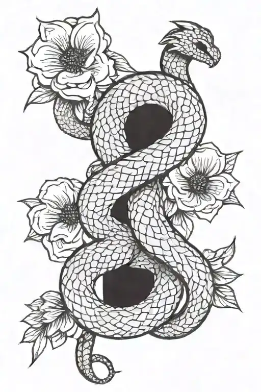 snake wrapped round spine tattoo with flowers tattoo design idea
