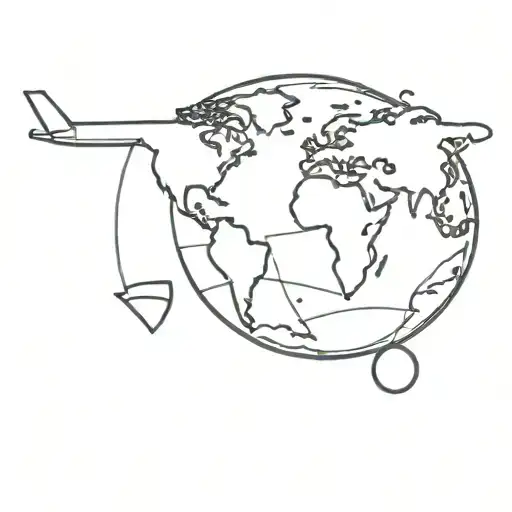 Minimalist airplane silhouette flying over a globe with travel destinations marked with hearts tattoo design idea