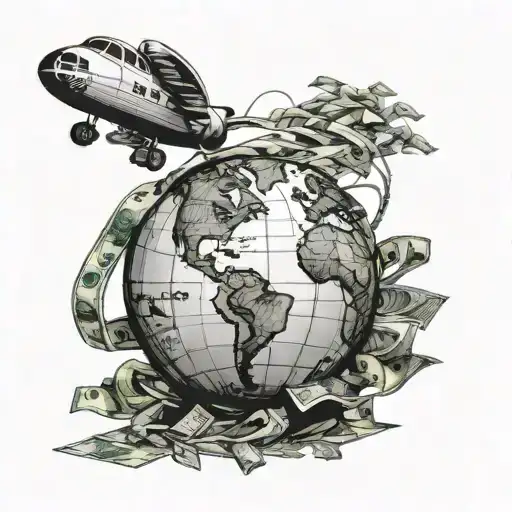 A globe with a trail of dollar bills wrapping around it, symbolizing the desire to travel and earn money tattoo design idea